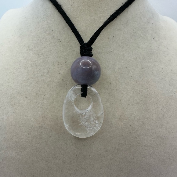 Simple Handmade Clear Quartz and Ocean Jasper Necklace on Black Faux Suede - Picture 4 of 7